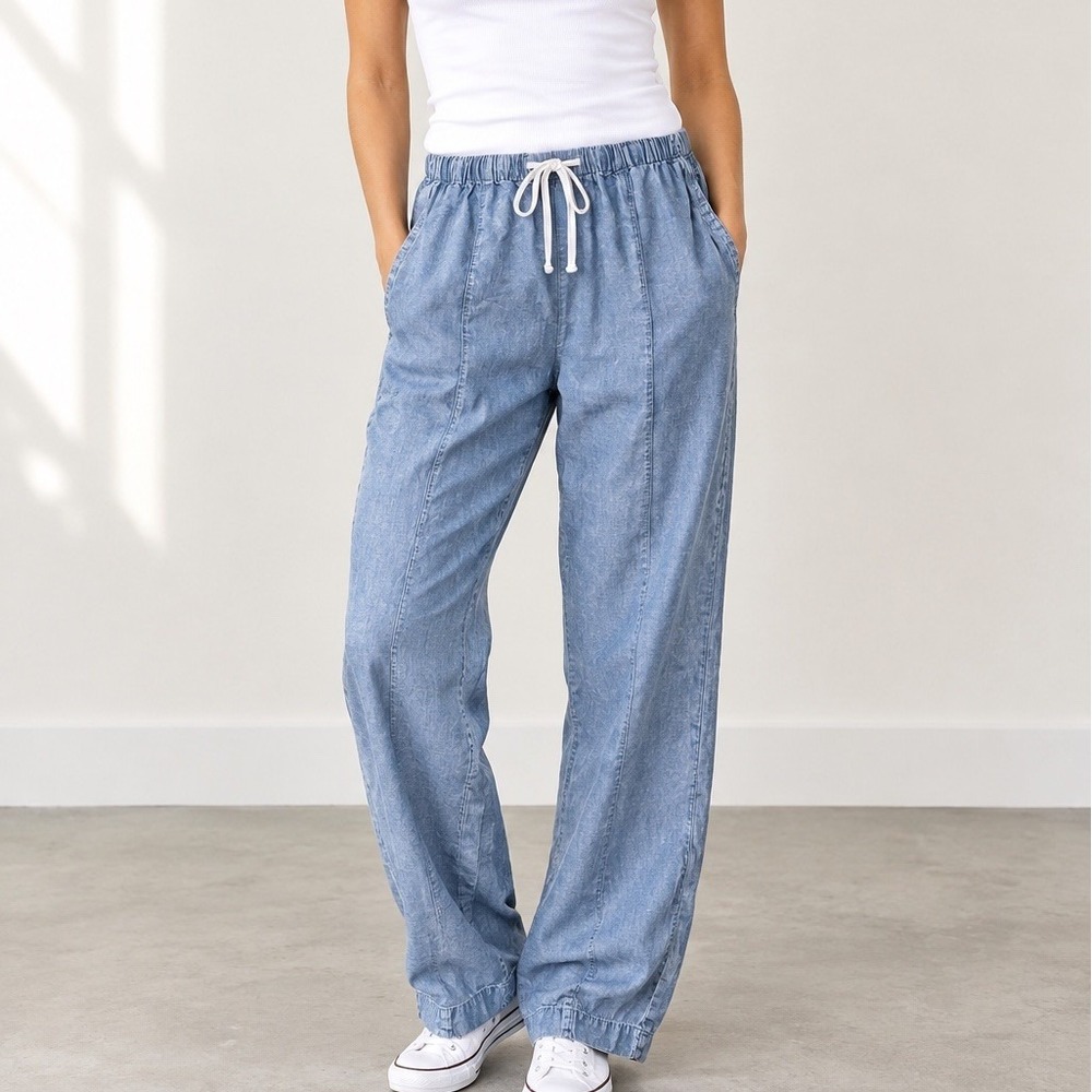 Jane + Delancey Drawstring Pants Womens M Blue Lyocell Chambray Coastal Boho EUC